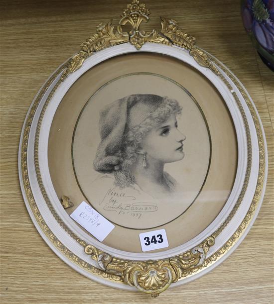 Emily Barnard (fl.1881-1901), pencil, portrait of Nina, signed and dated 1887, gilt framed to the oval